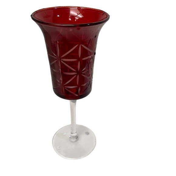 Candle Holder Red Cut Clear Glass Votive Star Starburst Stem Home Decor Holiday - Picture 3 of 7